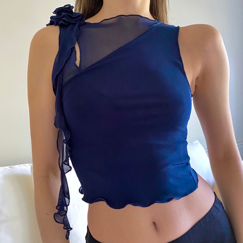 Soleil Top - Navy Blue Layered Mesh Tank Top